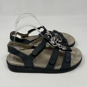 SAS Captiva Sandals Womens 7.5 M Blue Nubuck Leather Bling Ankle Strap Hook Loop